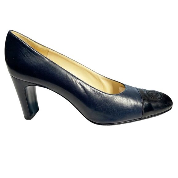 CHANEL Vintage Black & Blue Leather Logo Classic Chunky Heel Pumps - Picture 5 of 11